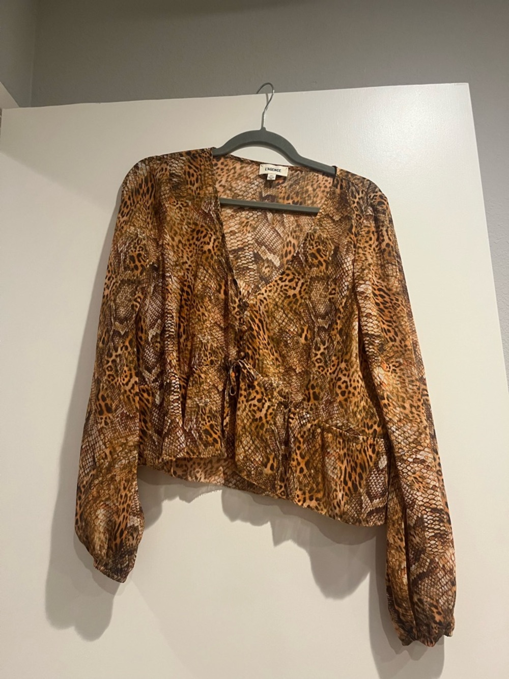 L'AGENCE Multi-Brown Animal Print Wrap Blouse